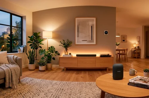 Cozy modern apartment interior featuring subtle smart lighting and a minimalist smart speaker on a wooden table
