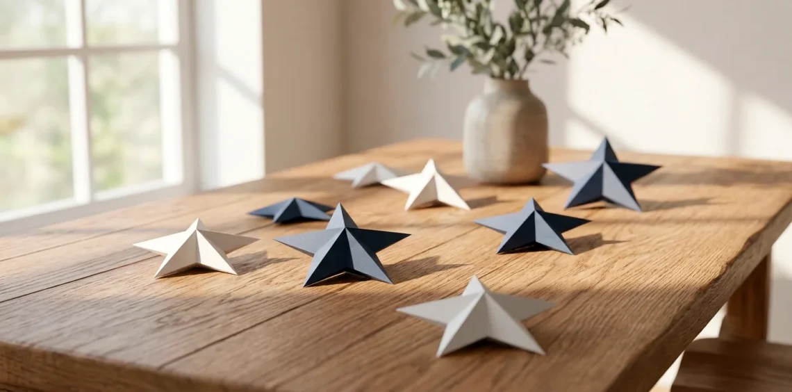 Minimalist Memorial Day paper stars arranged on a warm oak dining table in natural sunlight.