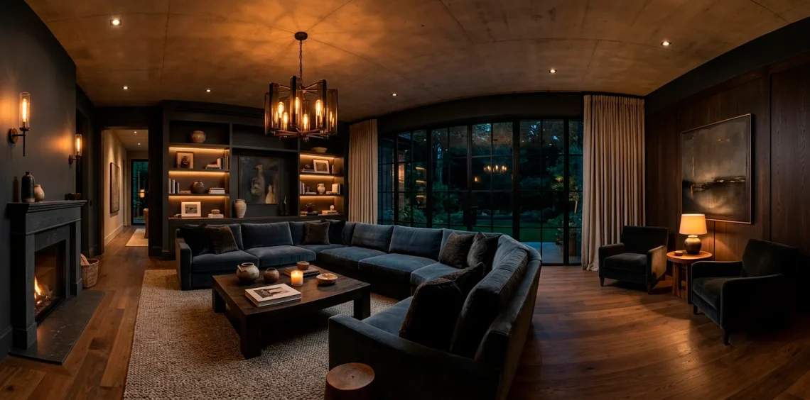 Sophisticated dark charcoal painted living room with velvet seating and warm ambient lighting.