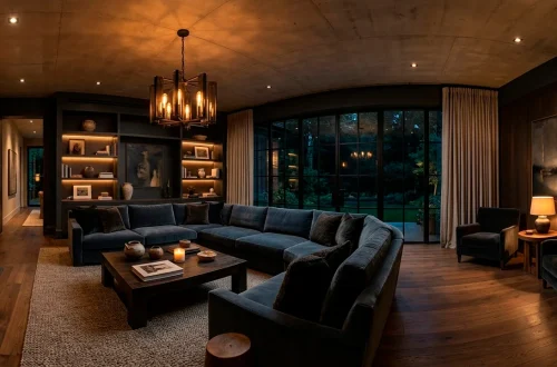 Sophisticated dark charcoal painted living room with velvet seating and warm ambient lighting.