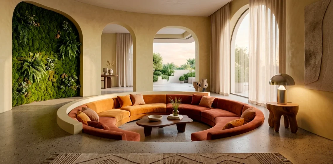 Cozy modern 2026 interior design trend featuring warm earth tones and biophilic elements