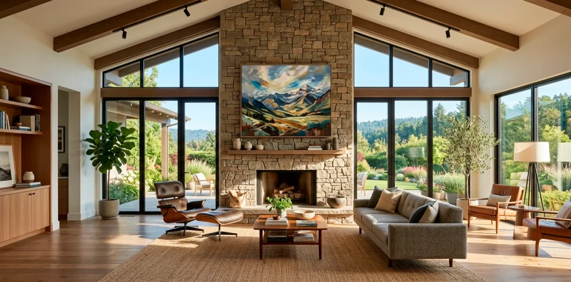 A modern living room featuring a stunning contemporary landscape painting hung above a large stone fireplace.