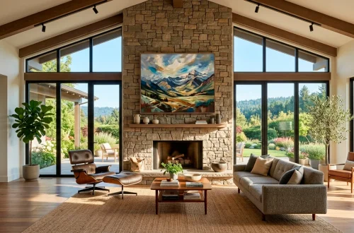 A modern living room featuring a stunning contemporary landscape painting hung above a large stone fireplace.