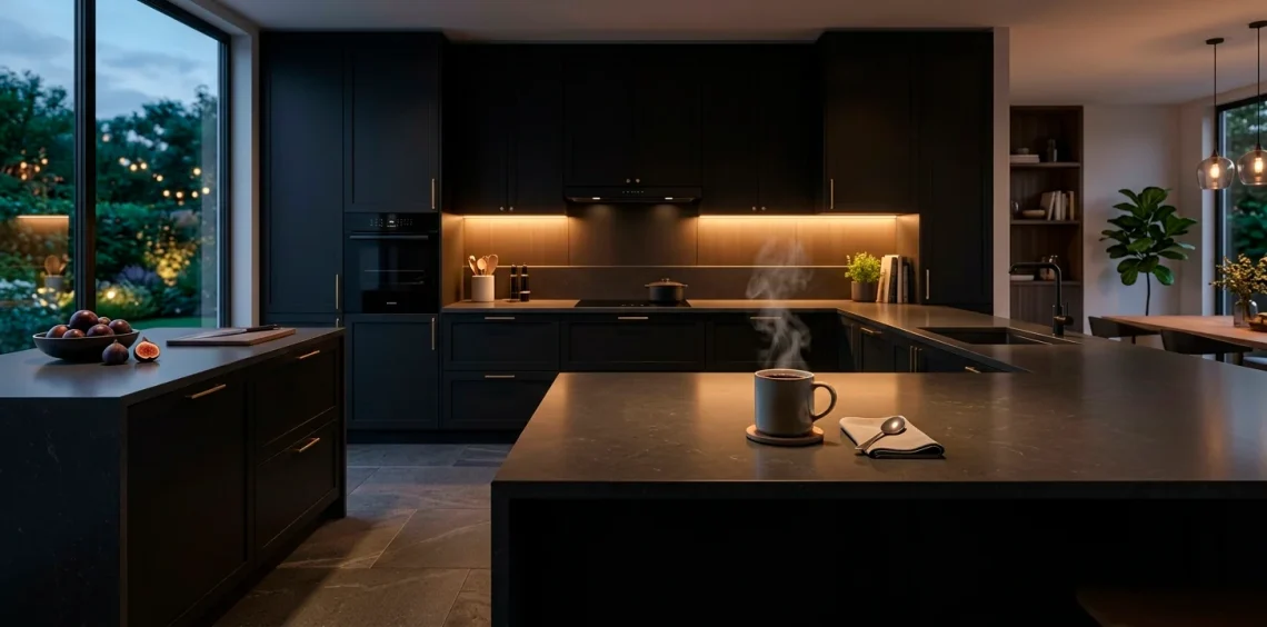 Sleek modern dark kitchen featuring matte black cabinets, charcoal quartz countertops, and brass hardware with a coffee cup.