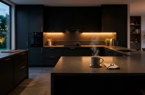 Sleek modern dark kitchen featuring matte black cabinets, charcoal quartz countertops, and brass hardware with a coffee cup.