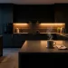 Sleek modern dark kitchen featuring matte black cabinets, charcoal quartz countertops, and brass hardware with a coffee cup.
