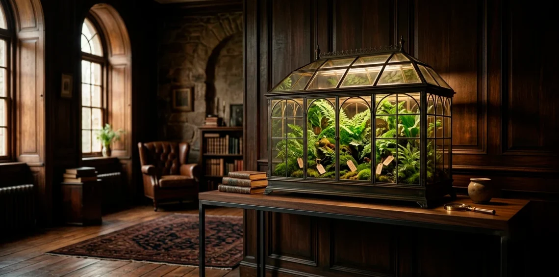 Elegant Victorian glass Wardian case displaying rare specimens on a modern table in a moody room