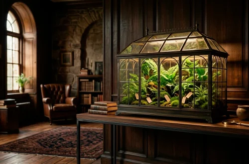 Elegant Victorian glass Wardian case displaying rare specimens on a modern table in a moody room