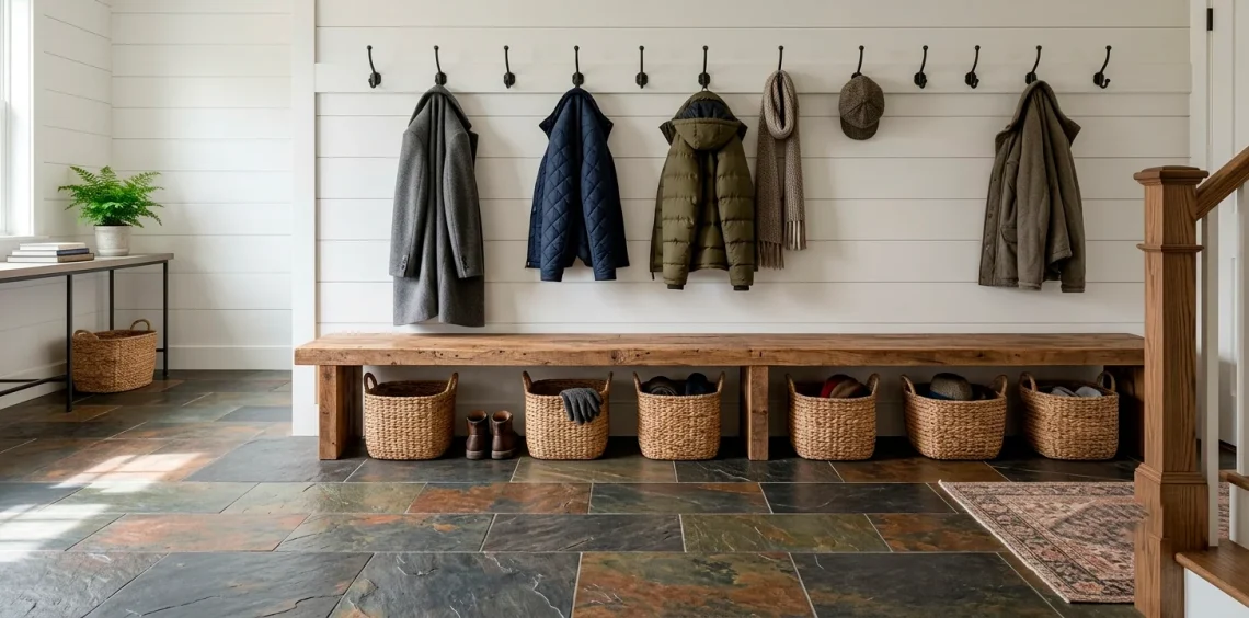 Vintage farmhouse mudroom featuring natural multicolor slate flooring, a rustic wood bench, and white shiplap walls.