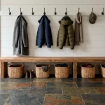 Vintage farmhouse mudroom featuring natural multicolor slate flooring, a rustic wood bench, and white shiplap walls.