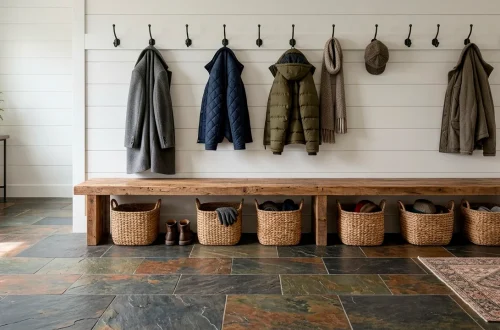 Vintage farmhouse mudroom featuring natural multicolor slate flooring, a rustic wood bench, and white shiplap walls.