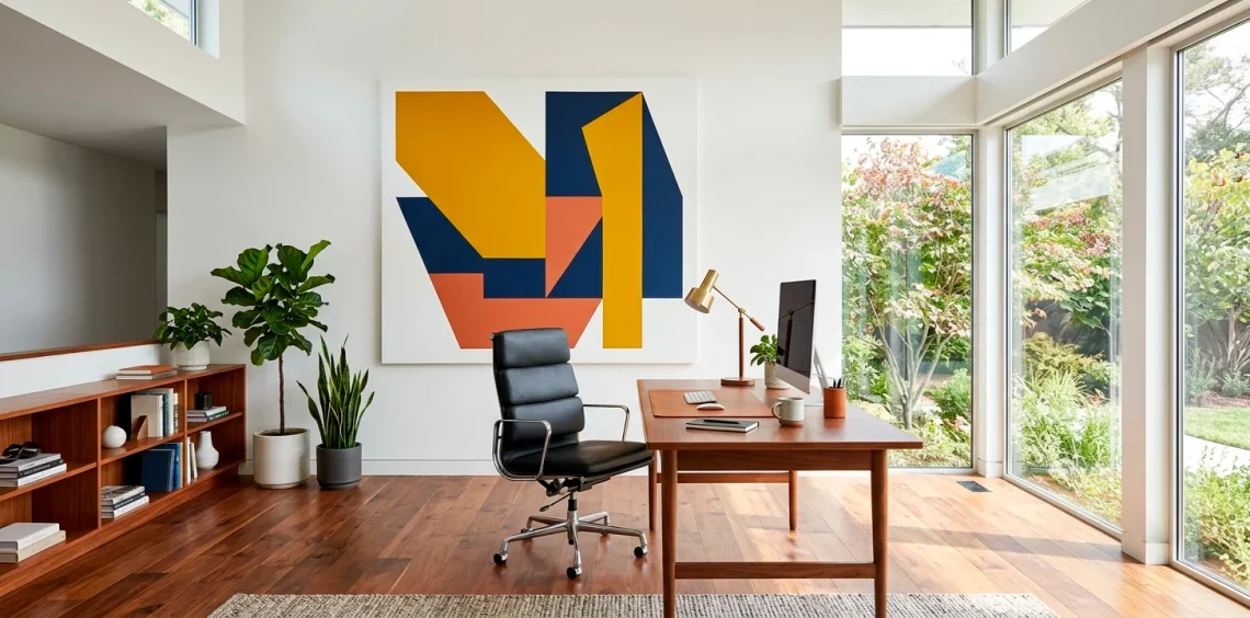 Modern home office featuring a large bold geometric abstract canvas in mustard and navy above a sleek wooden desk.