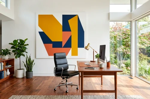 Modern home office featuring a large bold geometric abstract canvas in mustard and navy above a sleek wooden desk.