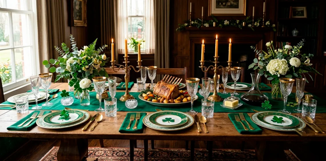 A wide view of an elegant St. Patrick's Day table setting featuring emerald greens, warm brass, and crystal glassware.