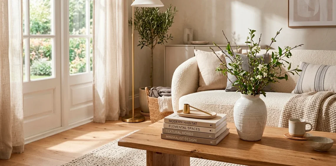 Beautifully styled modern coffee table with interior design books and a ceramic vase filled with branches