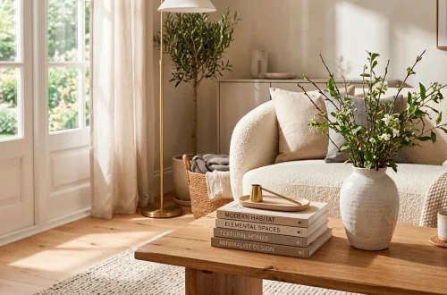 Beautifully styled modern coffee table with interior design books and a ceramic vase filled with branches