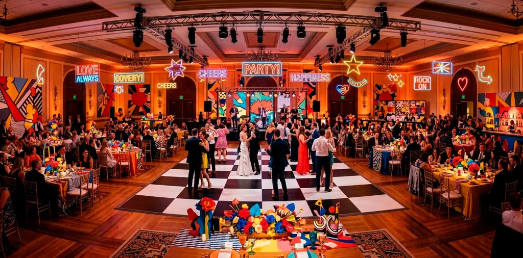 A wide view of a modern pop art wedding reception with a checkered floor and neon lights