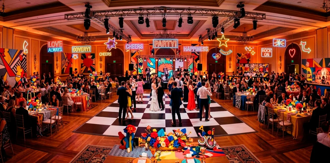 A wide view of a modern pop art wedding reception with a checkered floor and neon lights