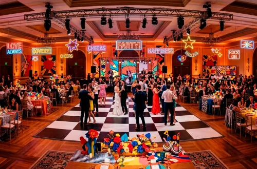 A wide view of a modern pop art wedding reception with a checkered floor and neon lights