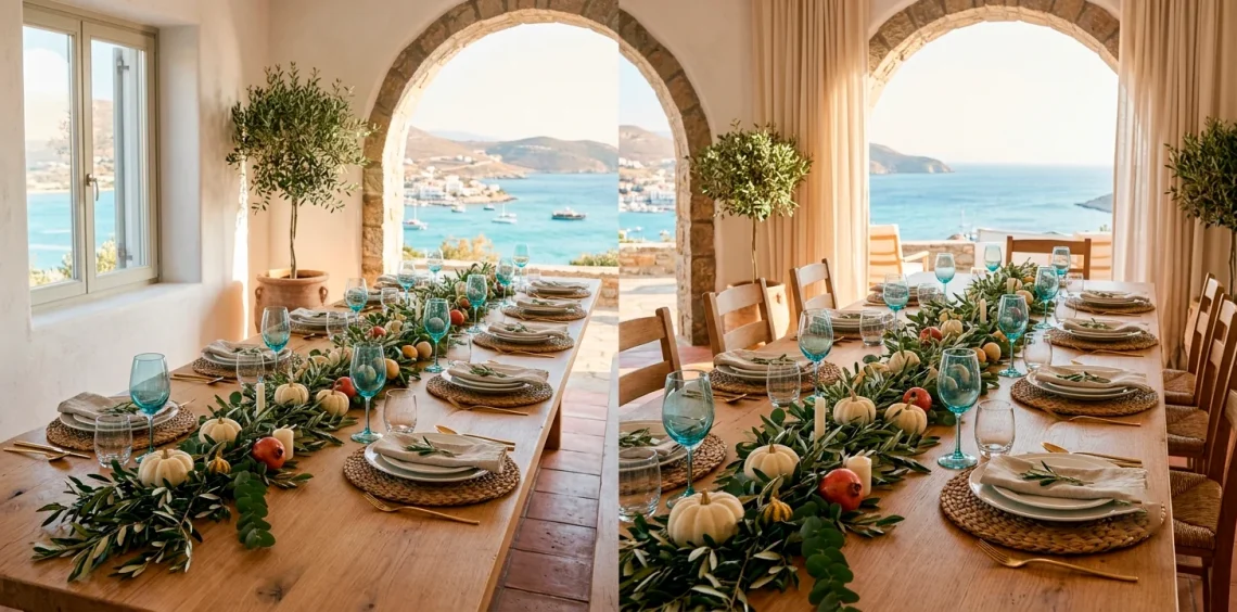 A wide view of a coastal Mediterranean Thanksgiving table with olive branches, white pumpkins, and blue glassware.