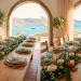 A wide view of a coastal Mediterranean Thanksgiving table with olive branches, white pumpkins, and blue glassware.