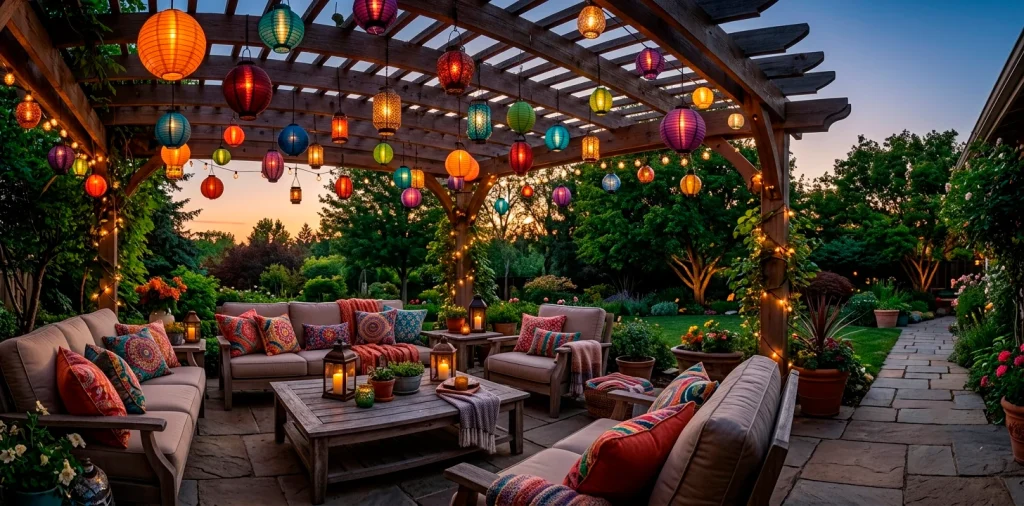 Colorful glowing lanterns hanging from a wooden pergola over a cozy outdoor patio setting at dusk