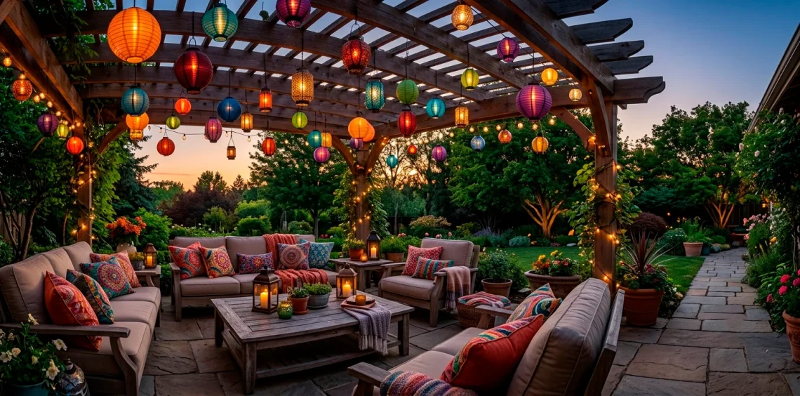 Colorful glowing lanterns hanging from a wooden pergola over a cozy outdoor patio setting at dusk