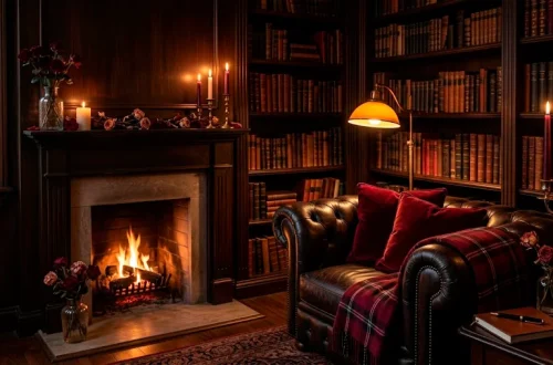 Cozy dark academia reading nook decorated for Valentines Day with crimson velvet cushions and brass candles.