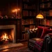 Cozy dark academia reading nook decorated for Valentines Day with crimson velvet cushions and brass candles.