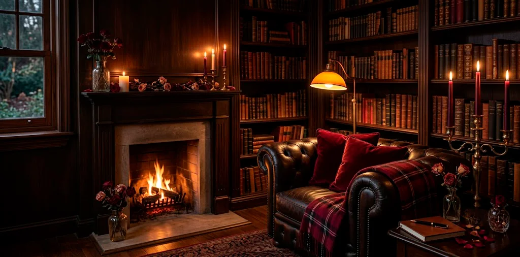 Cozy dark academia reading nook decorated for Valentines Day with crimson velvet cushions and brass candles.