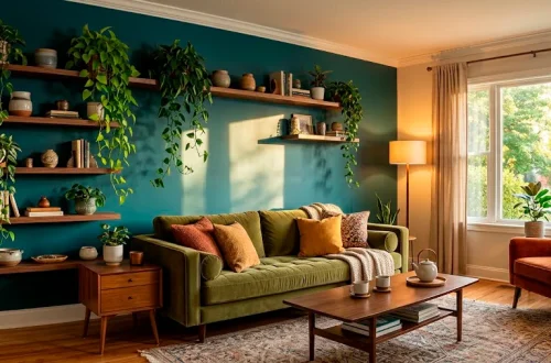 Deep teal living room accent wall with lush trailing plants cascading from floating wooden shelves.