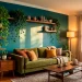 Deep teal living room accent wall with lush trailing plants cascading from floating wooden shelves.