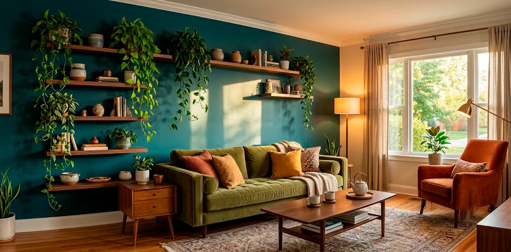 Deep teal living room accent wall with lush trailing plants cascading from floating wooden shelves.