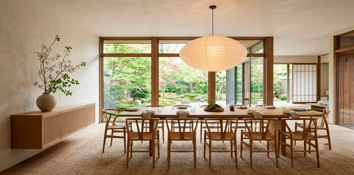 Serene Japandi style dining room featuring a light oak table, wishbone chairs, and a large paper lantern
