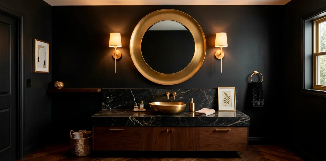 Luxurious black powder room featuring dark walls and elegant brushed gold fixtures