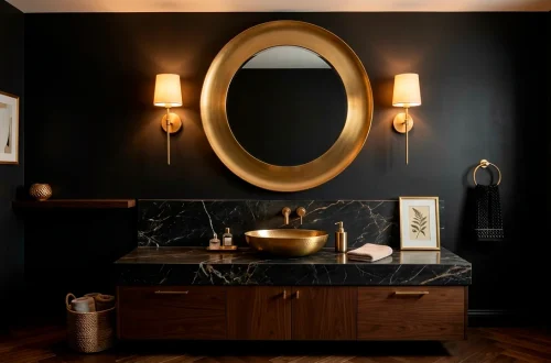 Luxurious black powder room featuring dark walls and elegant brushed gold fixtures