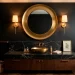 Luxurious black powder room featuring dark walls and elegant brushed gold fixtures