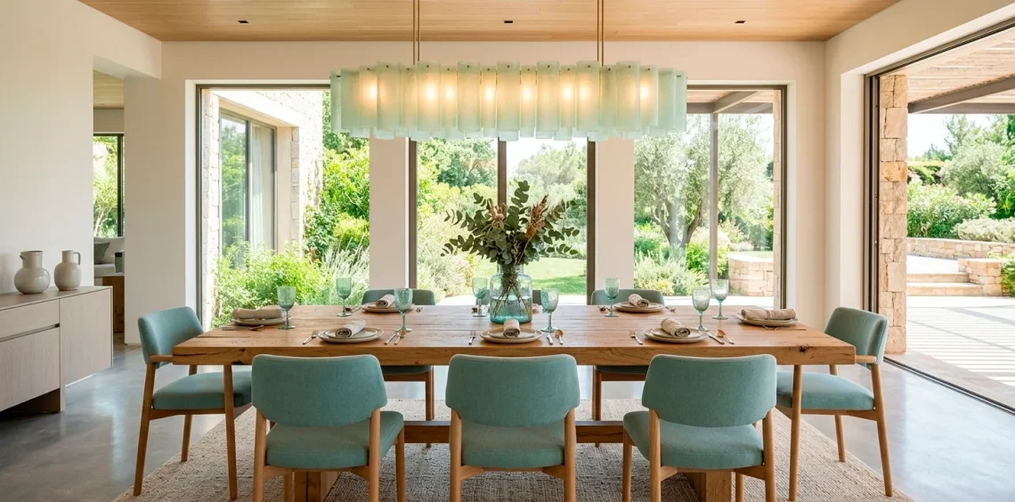 Modern dining room featuring rustic oak table, aqua chairs, and sea glass green pendant lighting.