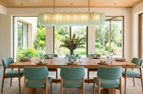 Modern dining room featuring rustic oak table, aqua chairs, and sea glass green pendant lighting.