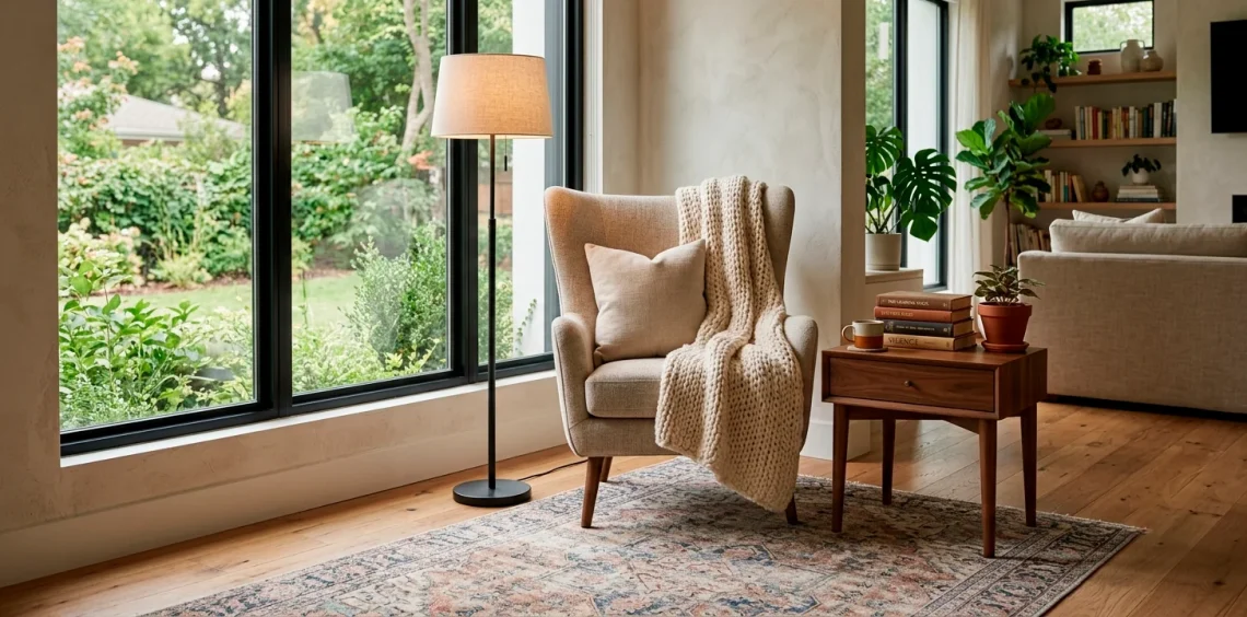 Transitional style reading nook featuring a beige chair, modern lamp, and natural light