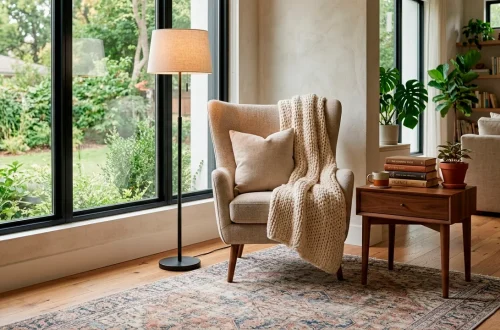 Transitional style reading nook featuring a beige chair, modern lamp, and natural light