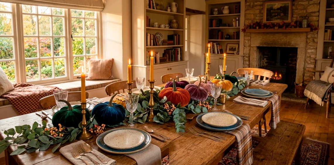 Cozy autumn interior dining table styled with colorful velvet pumpkins and brass candle holders