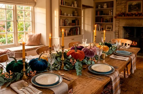 Cozy autumn interior dining table styled with colorful velvet pumpkins and brass candle holders