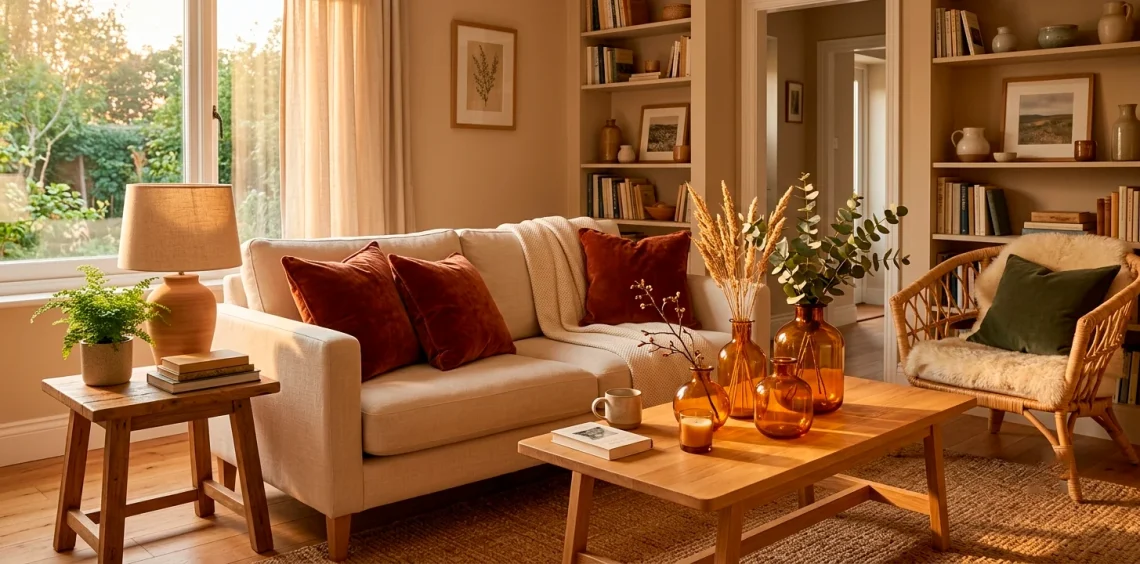Cozy small living room styled with rust velvet pillows and ochre accents in bright natural sunlight.