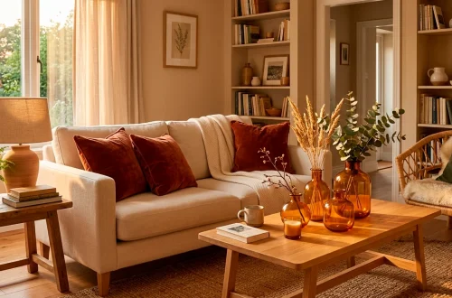 Cozy small living room styled with rust velvet pillows and ochre accents in bright natural sunlight.