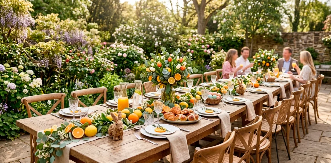 Wide view of an outdoor Easter brunch table decorated with fresh lemons, oranges, and greenery