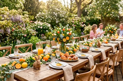 Wide view of an outdoor Easter brunch table decorated with fresh lemons, oranges, and greenery