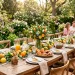 Wide view of an outdoor Easter brunch table decorated with fresh lemons, oranges, and greenery
