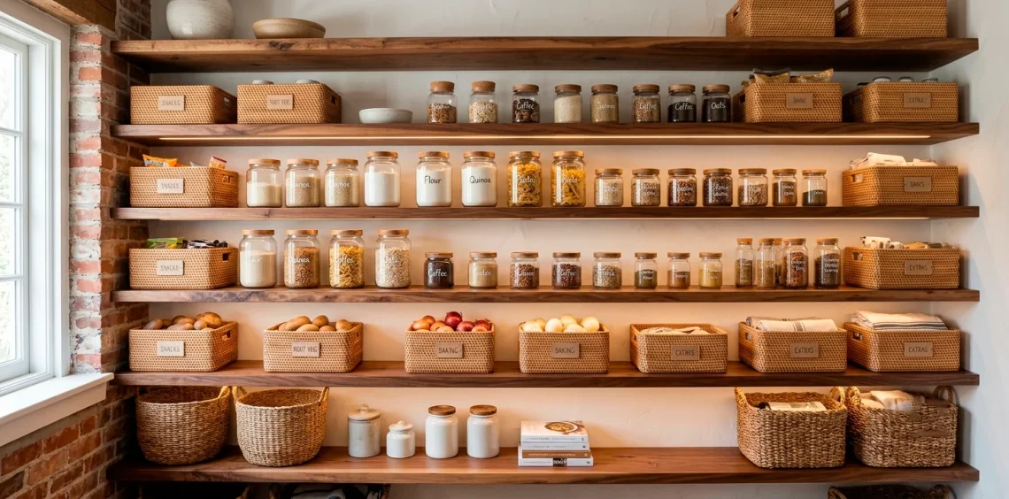Beautifully organized boho-chic small pantry featuring natural wood shelves, woven baskets, and glass storage jars.