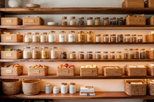 Beautifully organized boho-chic small pantry featuring natural wood shelves, woven baskets, and glass storage jars.